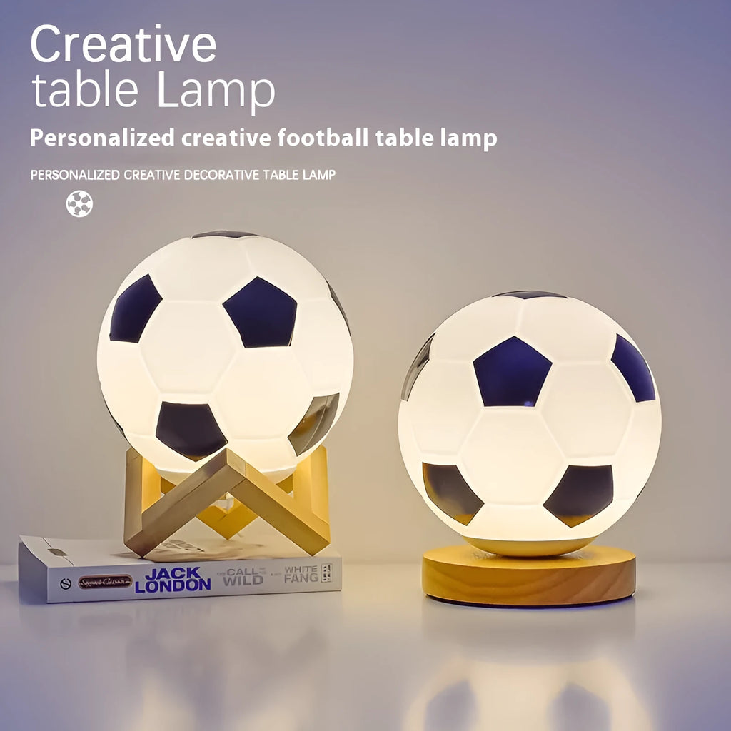 Football LED small night lamp with glass shade, USB plug-in, black and white or wooden frame option
