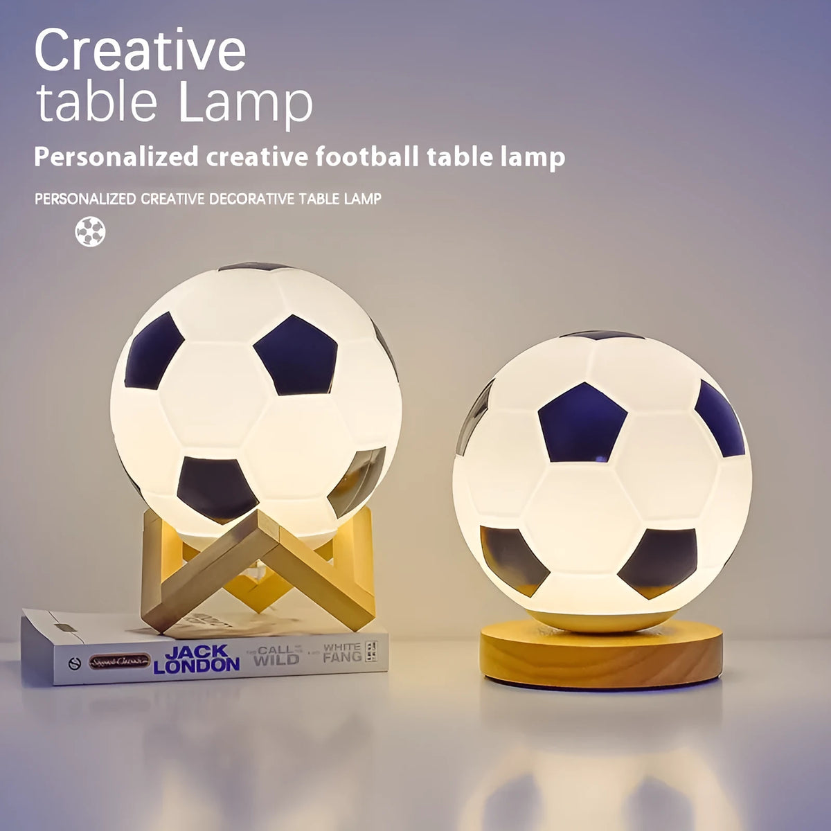 Football LED small night lamp with glass shade, USB plug-in, black and white or wooden frame option