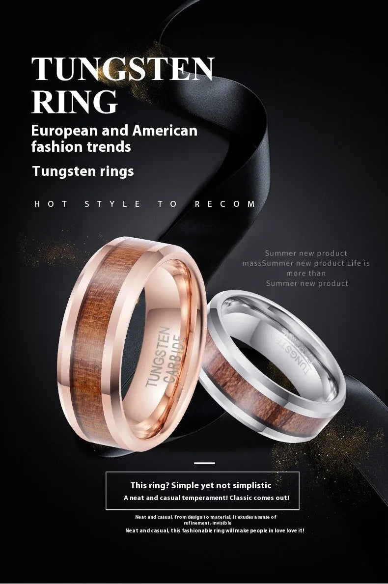 8mm wide Ugyen tungsten ring in rose gold or steel colour on a plain background.