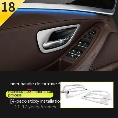 Four silver-finished interior handle decorative frames for BMW 5 Series F10 F11 models on a dark background.