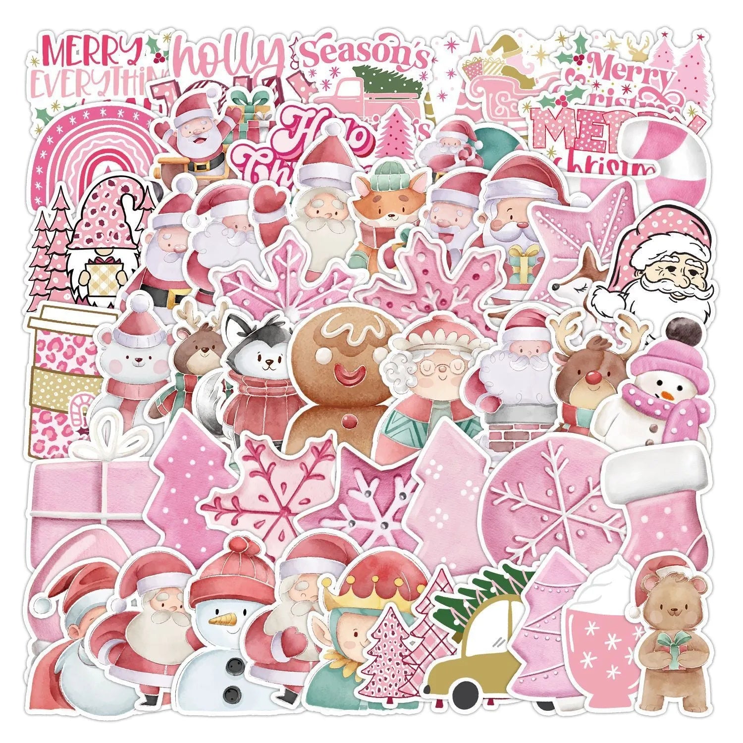 Pack of 50 colourful cute Christmas decoration stickers for cars, phones, and laptops.