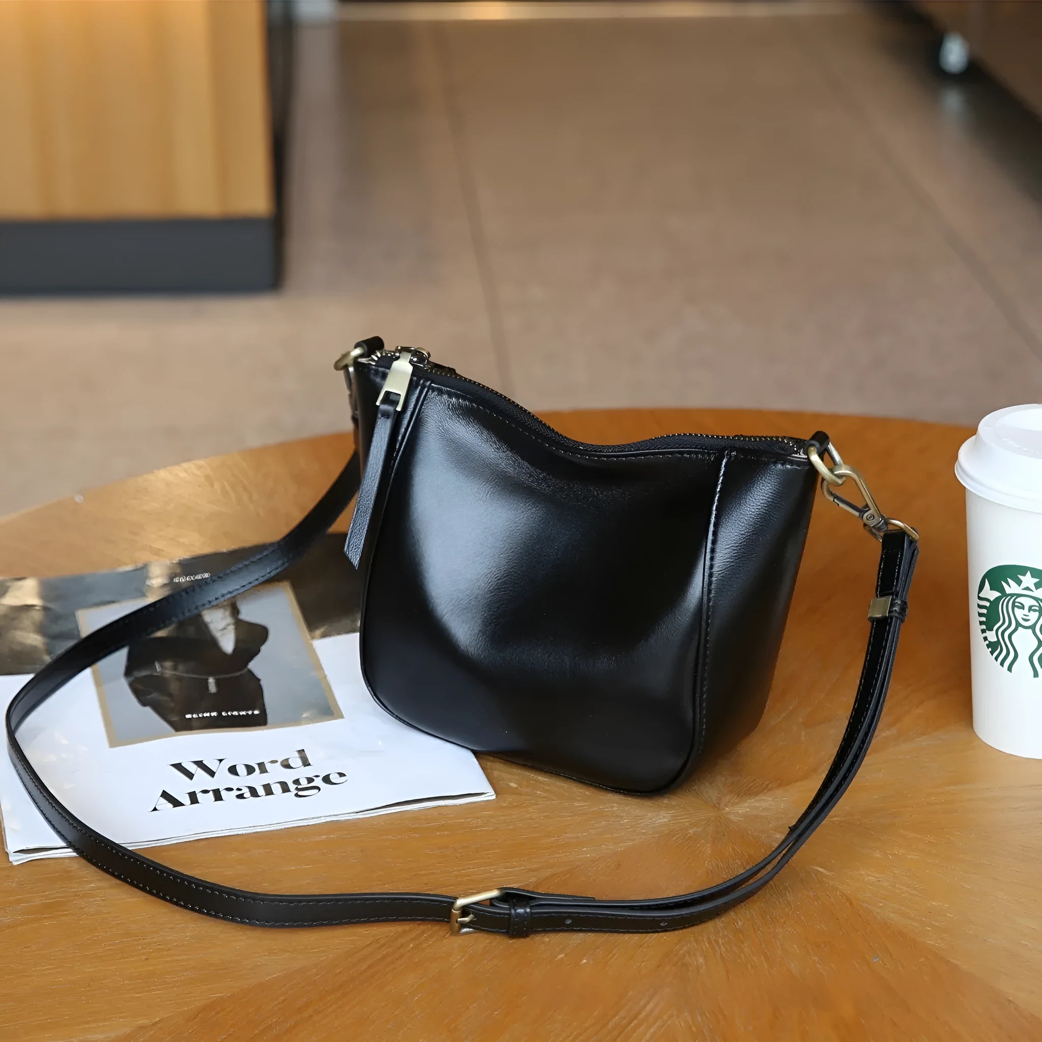 Ladies' top-grain leather handbag in vertical square shape with single strap, 18cm tall, in milk apricot colour