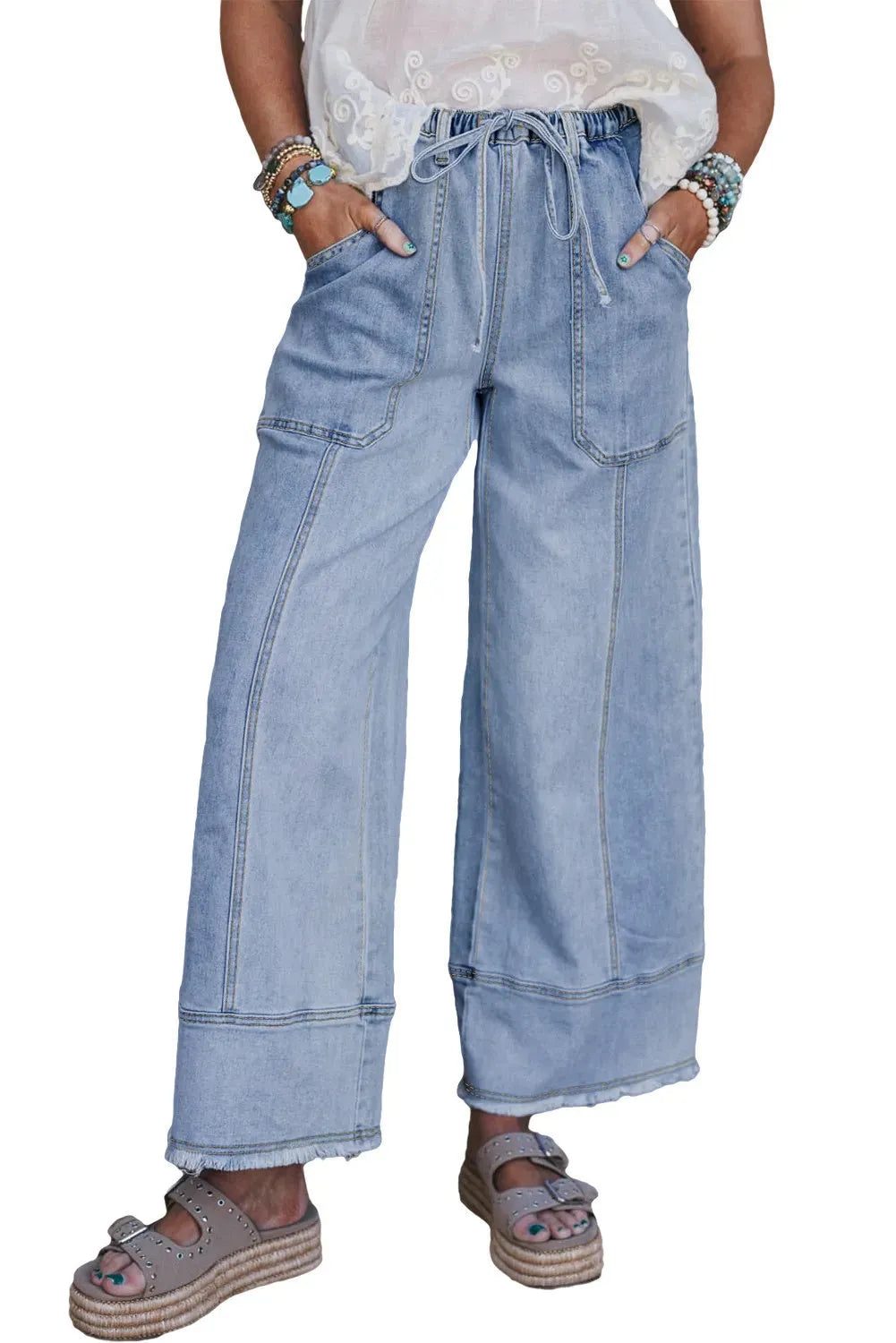 Beau Blue women's wide leg denim trousers with drawstring waist and raw hem detailing