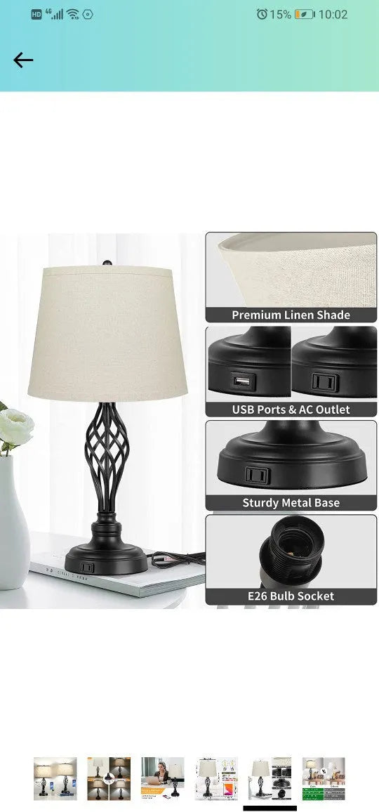 Modern alloy table lamp with touch sensor and USB port on base