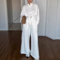 Women's polyester two-piece suit set with stand collar zip jacket and trousers, belt detail, in white dark brown or navy blue.