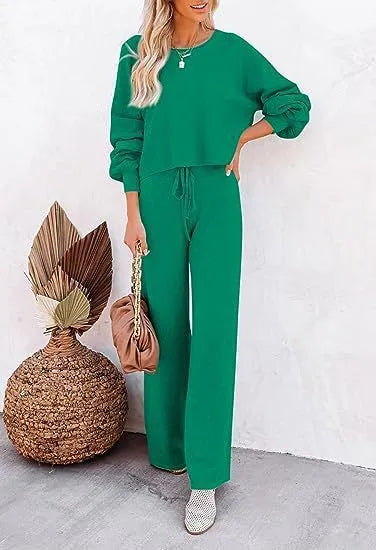 Women's casual solid colour two-piece set, long-sleeved top and trousers, polyester, beaded detail, in apricot colour