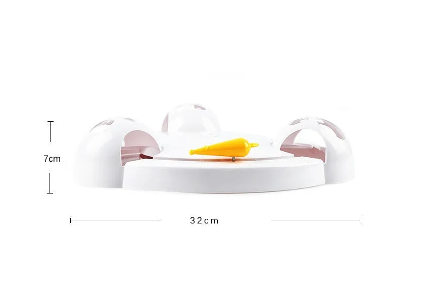 White electric cat turntable toy, 32cm diameter, with mouse-catching element on a flat floor