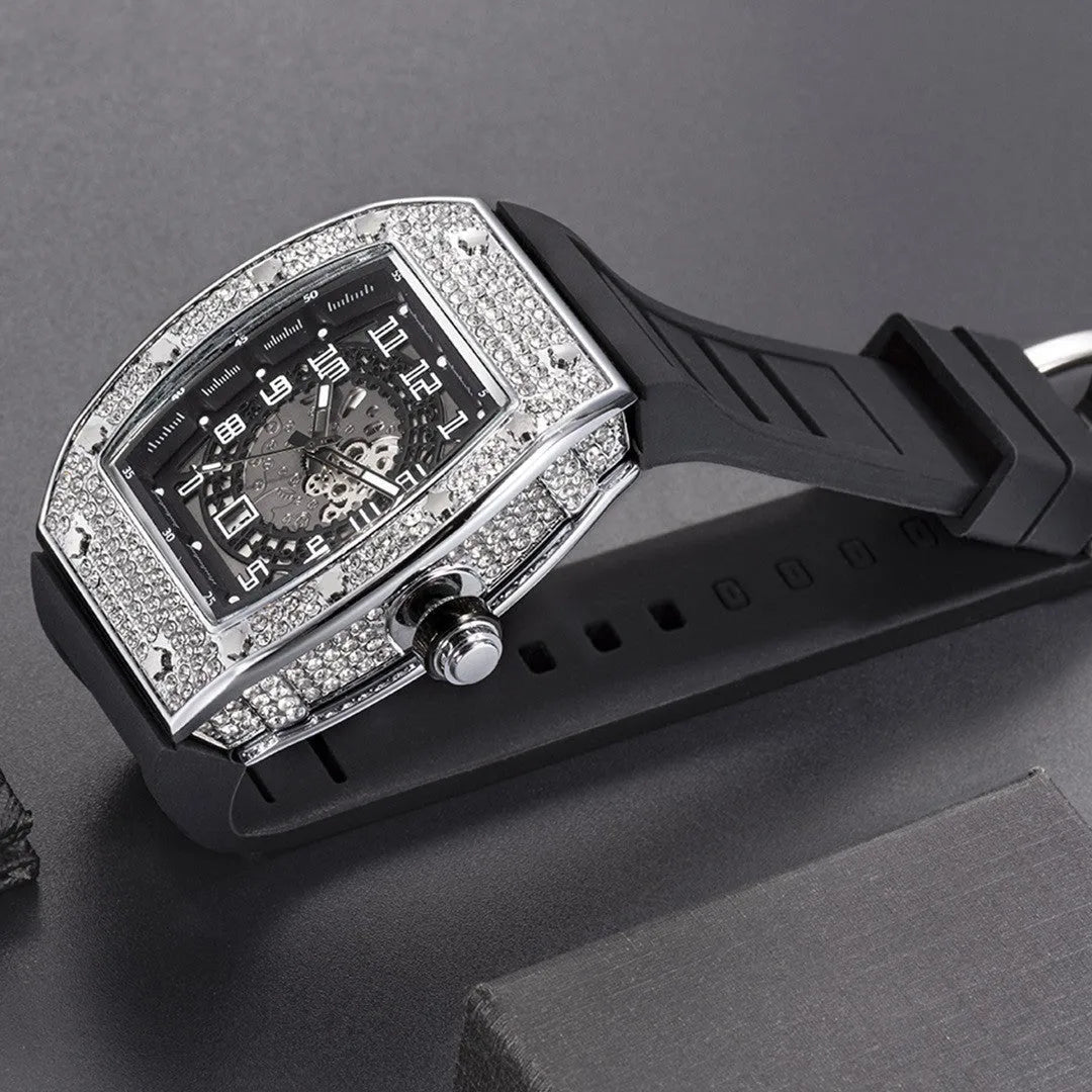 Men's tonneau quartz watch with full diamond silicone band, 50mm barrel dial, metal case, and pin buckle