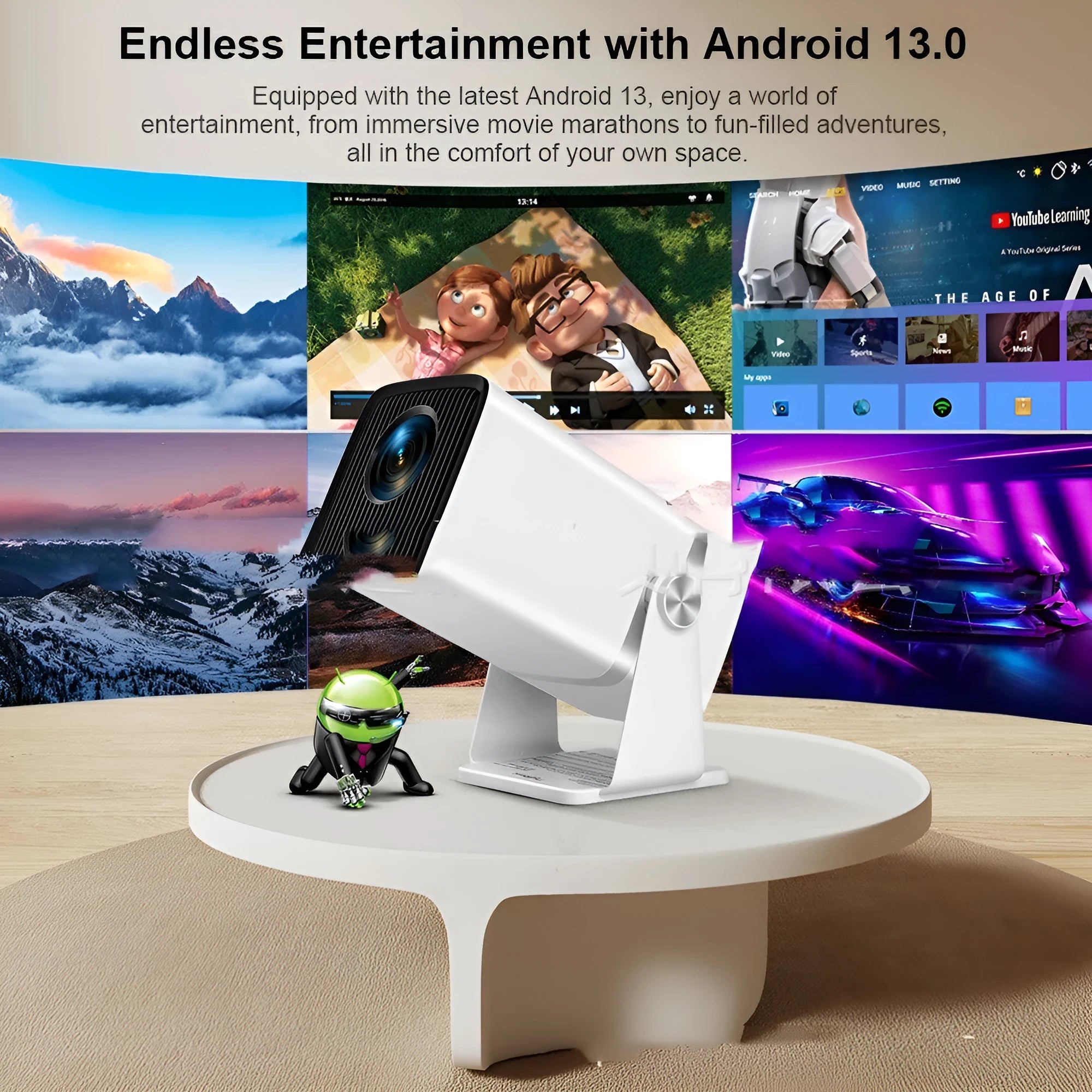 Black portable Full HD projector with Android 13, 11000 lumens, remote control, and power cable on table