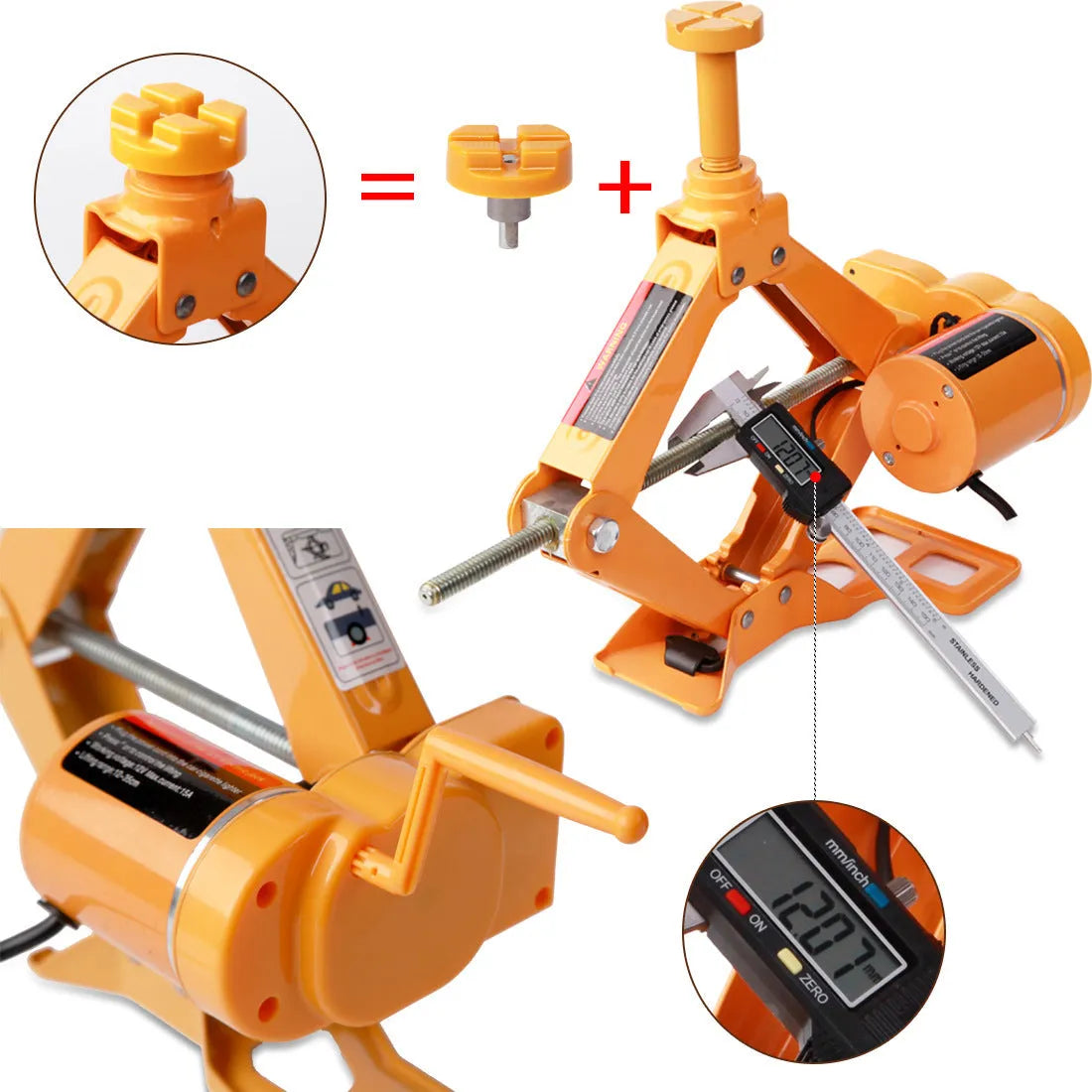Yellow electric car jack set with wrench for roadside tyre changes