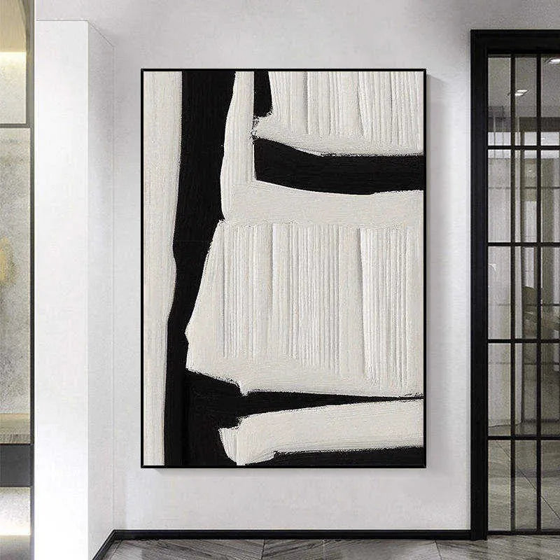Large abstract handmade oil painting on canvas, black white beige textured wall art, vertical orientation, unframed