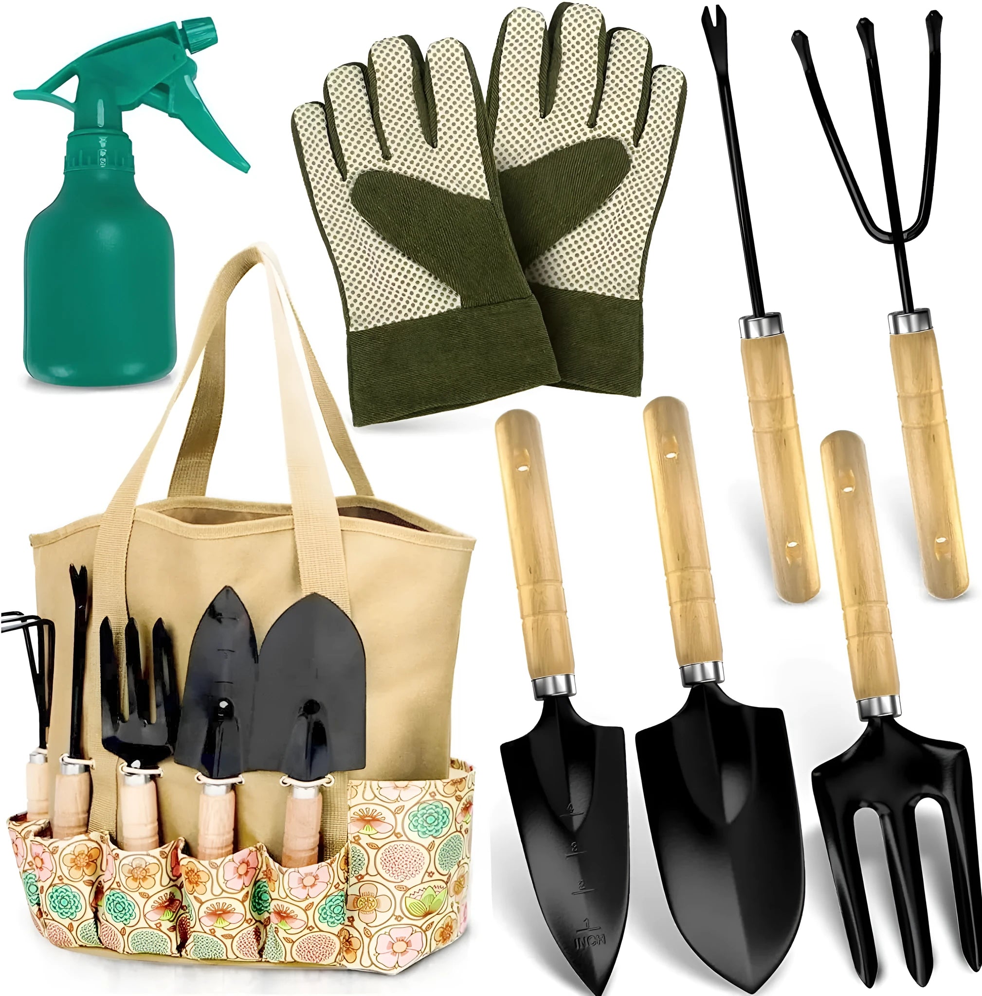 Eight stainless steel gardening tools including trowel, cultivator, and transplanting tools