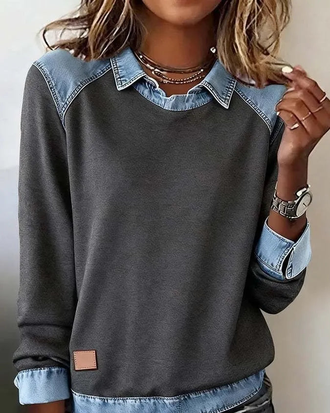 Denim collar long sleeve pullover knitwear top with contrast denim collar, solid colour body, street fashion style