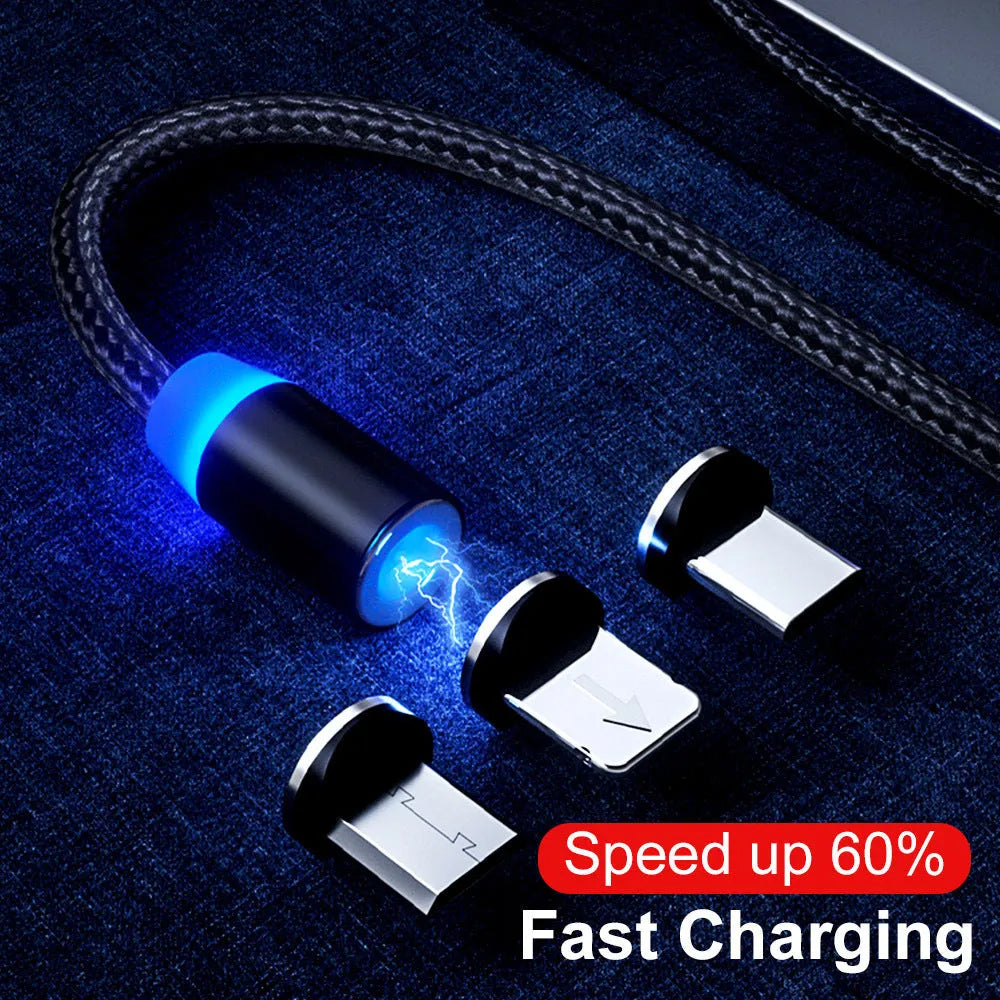 Magnetic 3 in 1 data cable with USB, 8PIN, Micro USB and TYPE-C, in black gold silver red, 1m or 2m