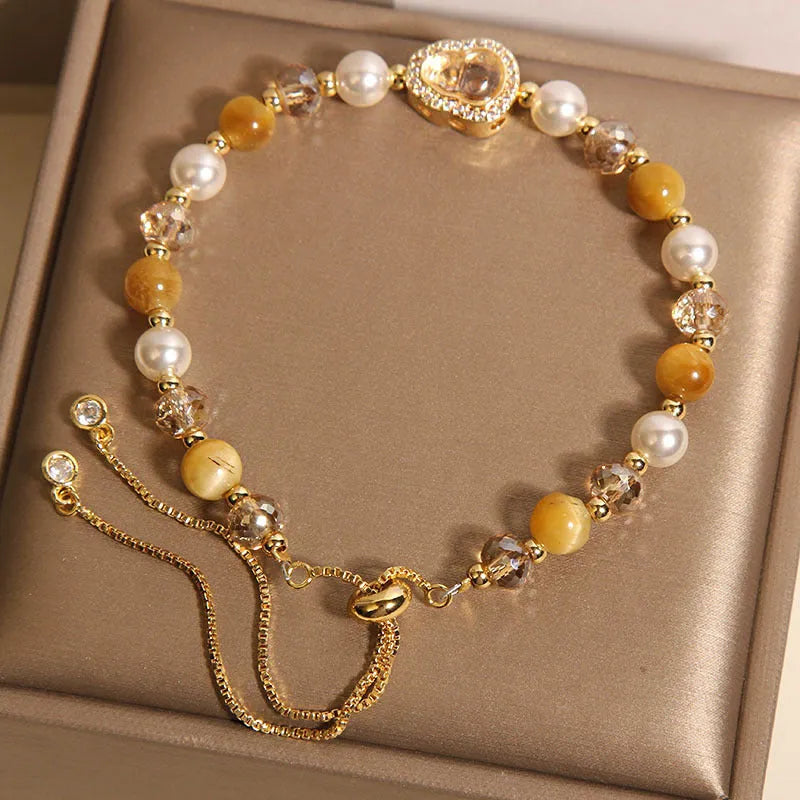 Yellow tiger's eye gourd pendant bracelet for women with glass and alloy inlay, Japanese Korean style, 1 PC.