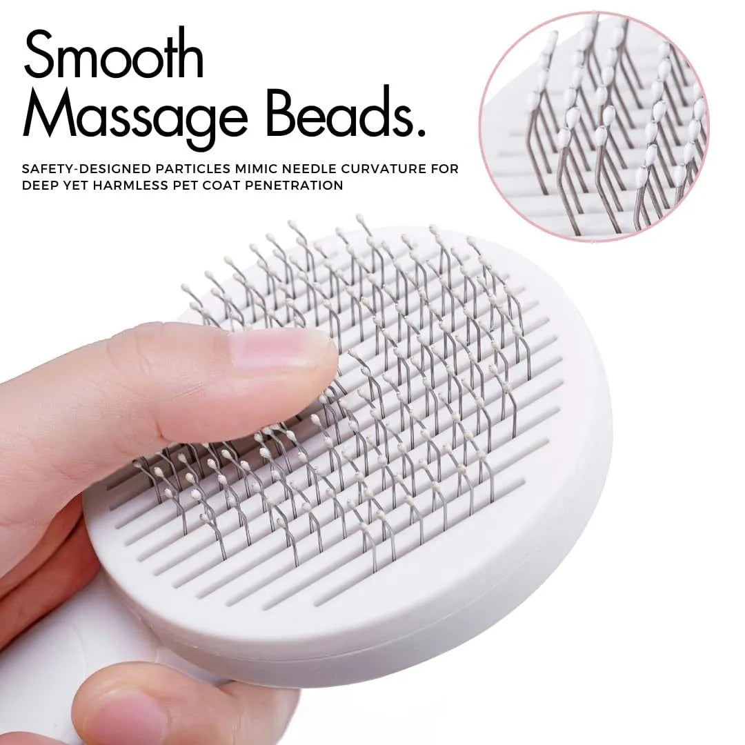 Blue self-cleaning slicker brush for dogs and cats with ergonomic rubber handle.