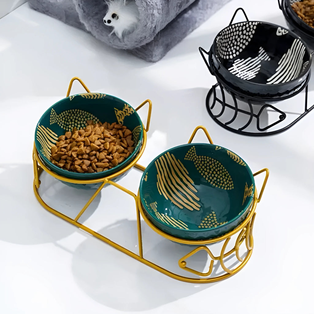 White ceramic double bowl with golden cat ear oblique mouth stand for cats and small dogs