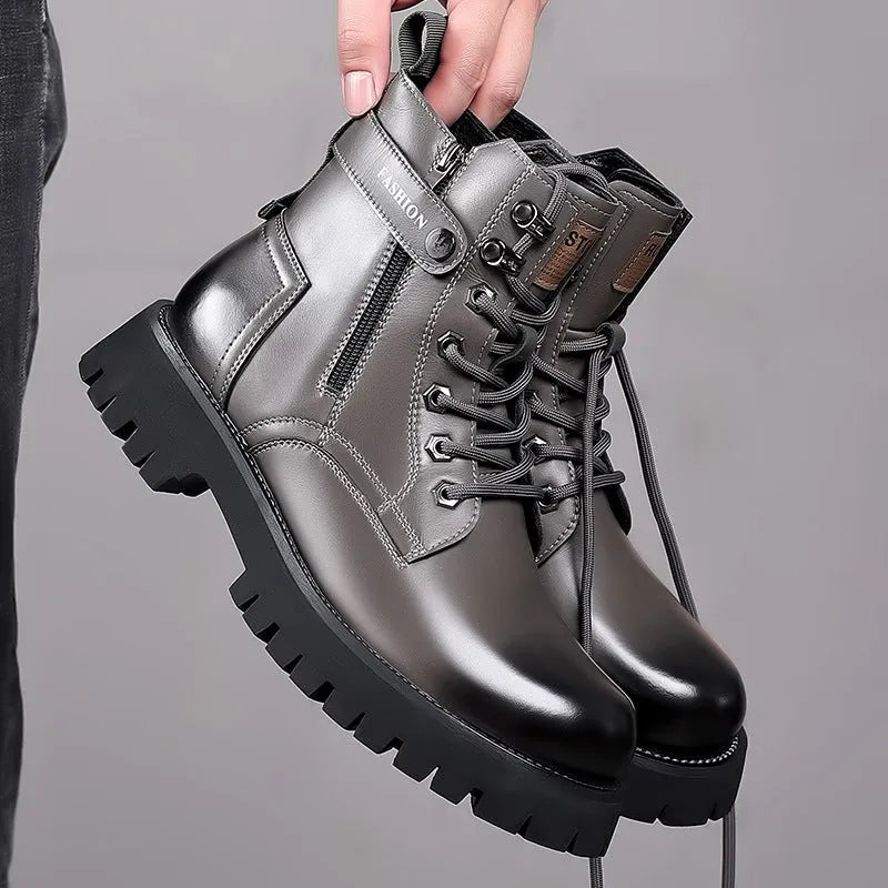 Men's light brown high-top leather Martin boots with a side zip and thick rubber sole