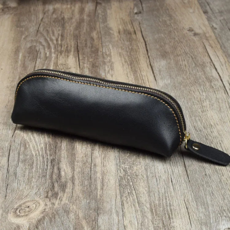 Genuine cowhide leather pencil case with zipper, 18cm long, in black solid colour