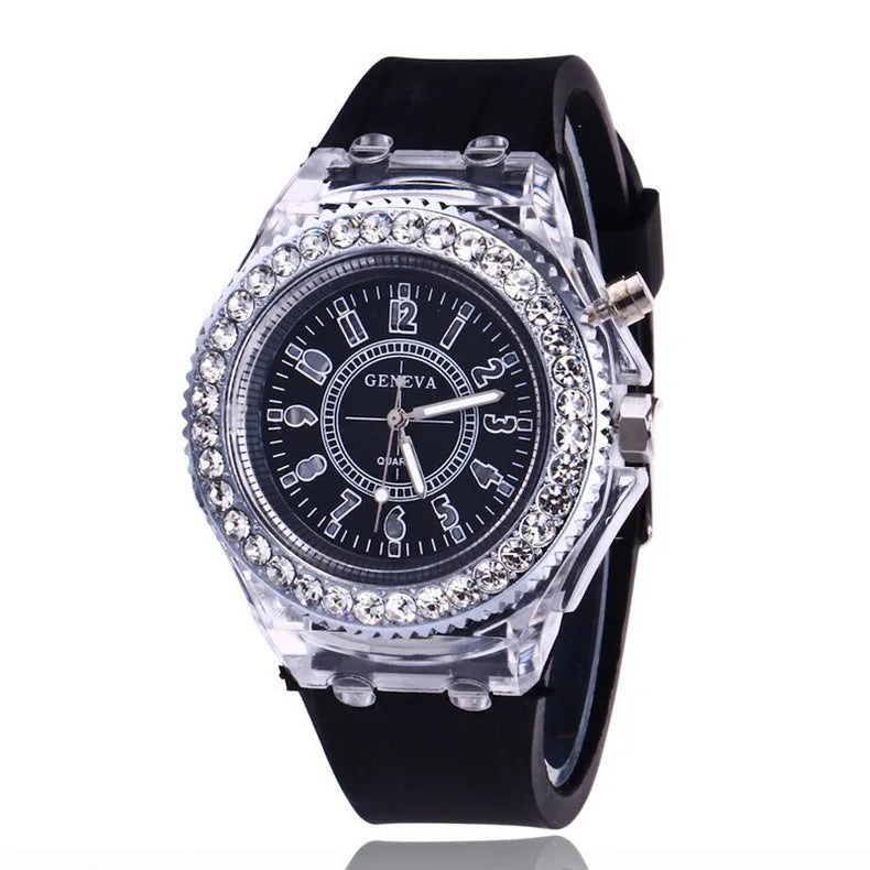 Geneva women's LED luminous quartz watch with silicone strap and round 43mm dial