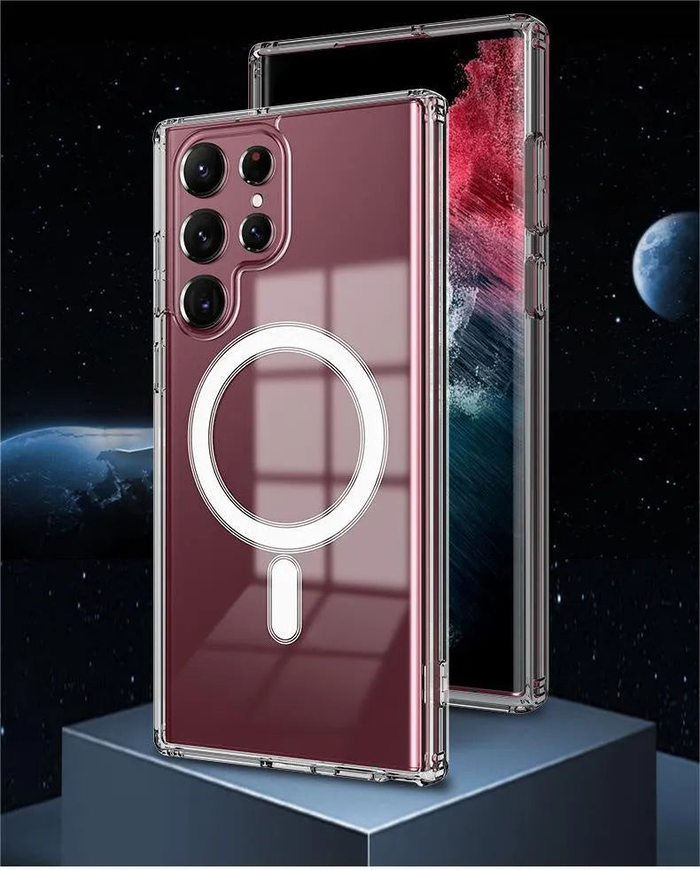 Transparent MagSafe magnetic phone case for Samsung Galaxy S21-S23 series showing magnetic charging ring