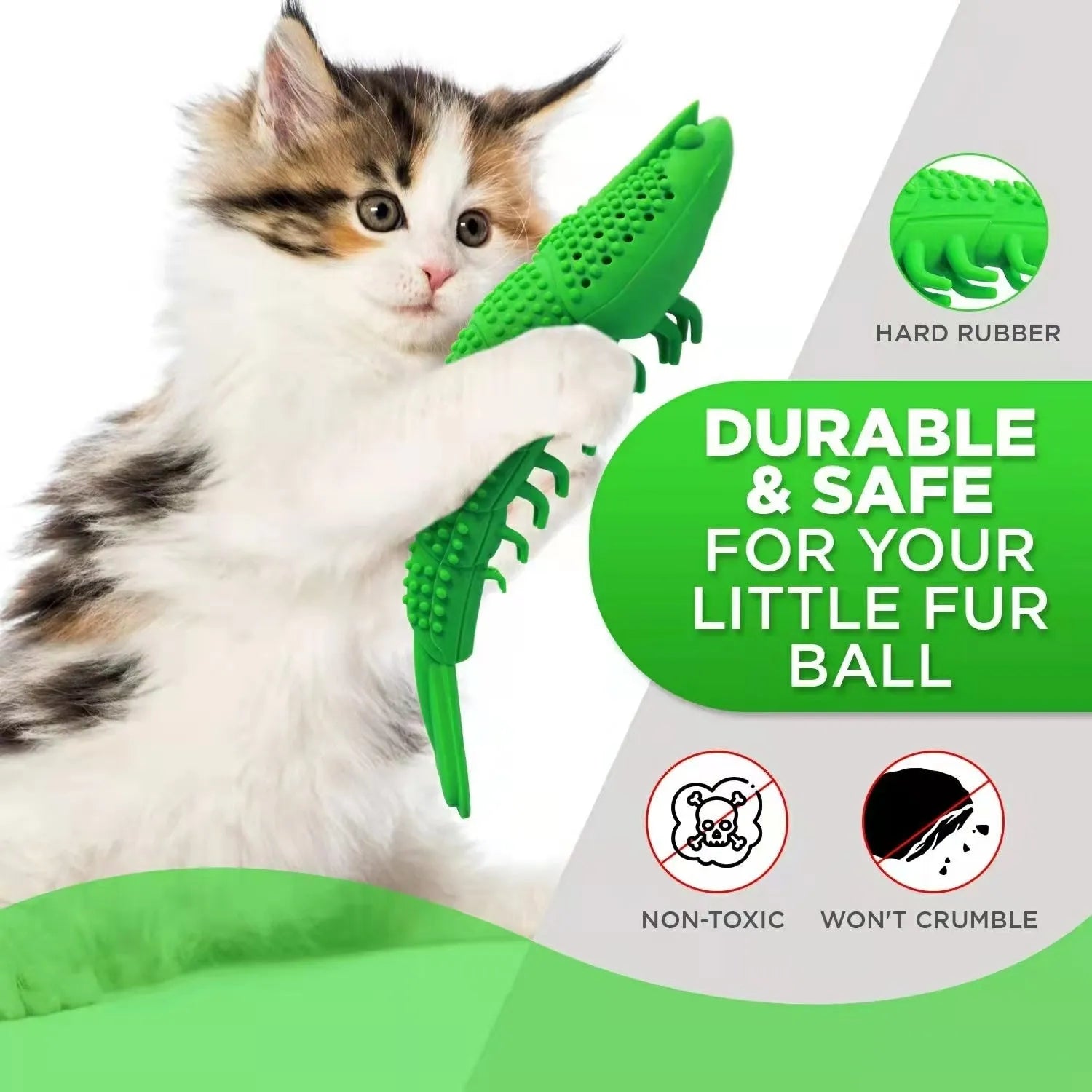 Blue cat toy with rubber toothbrush design for dental cleaning during play