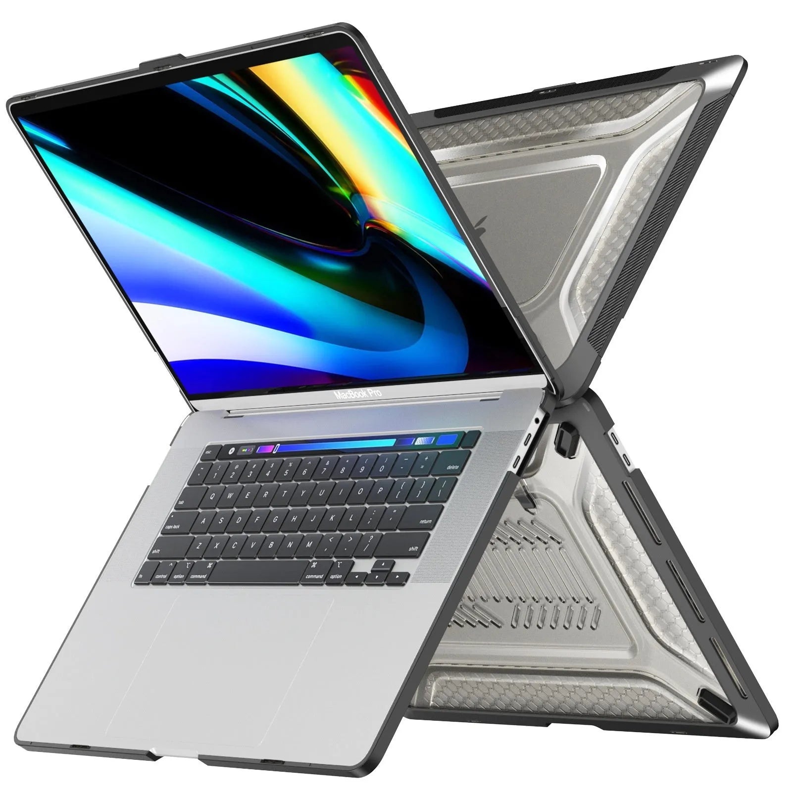 MacBook protective case in four colour options: cold black, grey, apricot, and blue.