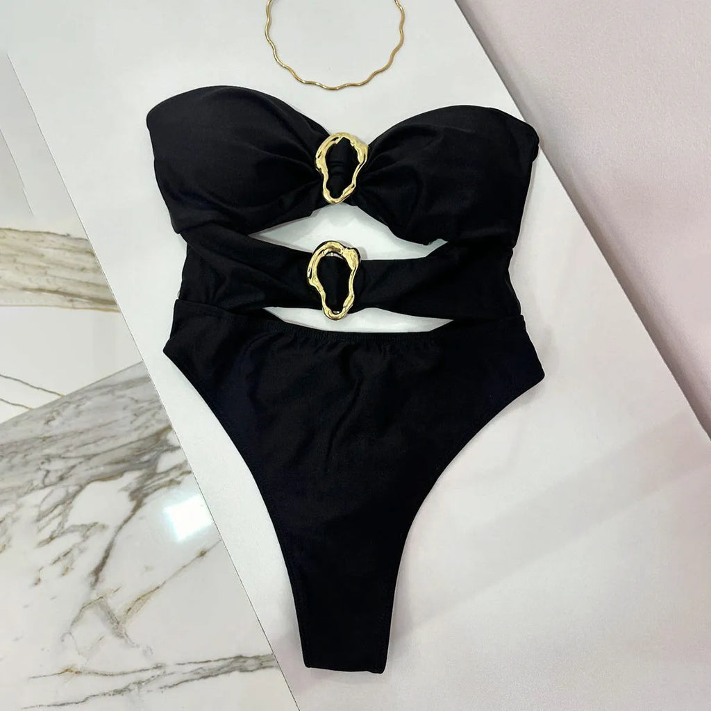 Nylon one-piece solid colour swimsuit for women in black, brown, or red sizes S M L for swimming and wading