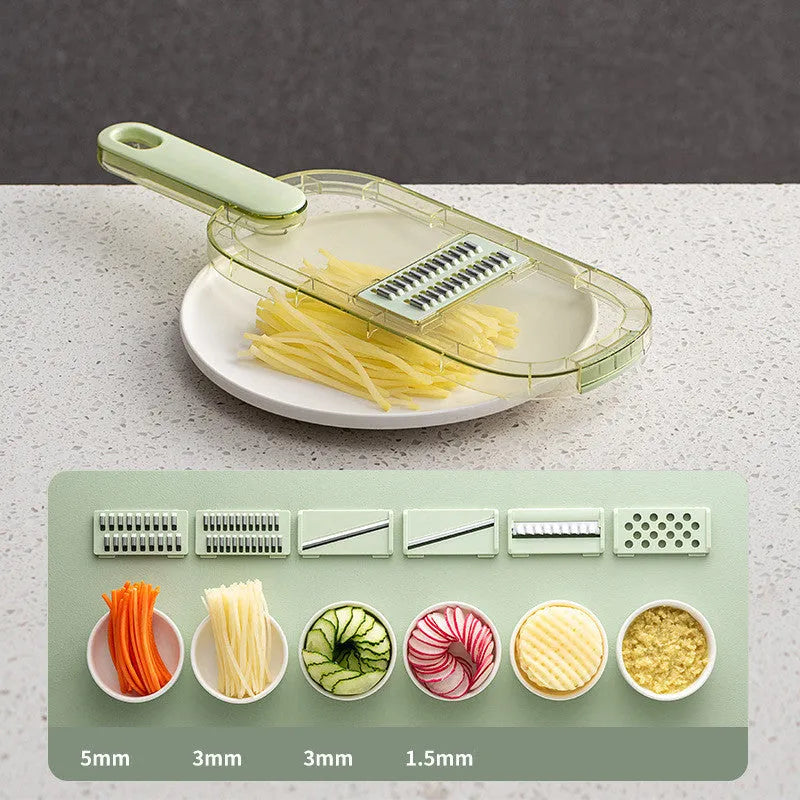 Multi-function hand rub vegetable slicer with PET board, 3 or 6 blades, Matcha Green or Clear Green, 34.6x11.4x1.8cm