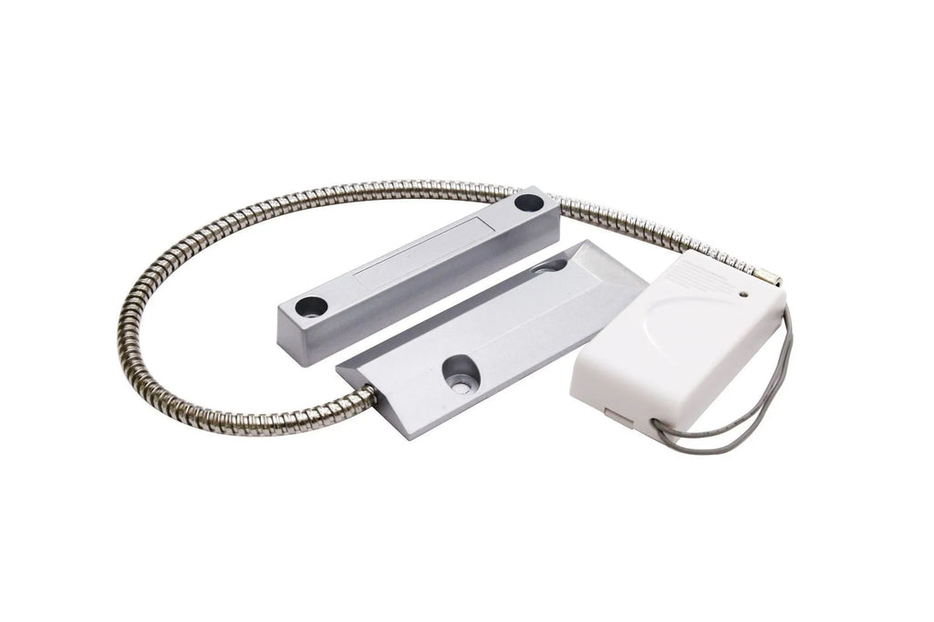 Wireless rolling shutter door magnetic smart detector in silver finish on a white background