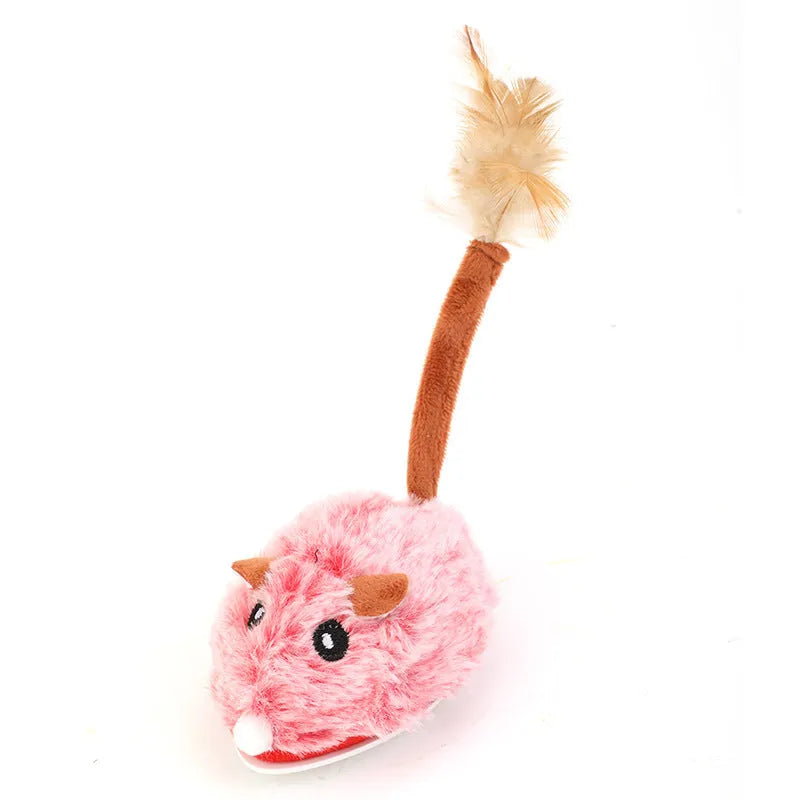 Electric interactive cat toy with rotating pole and moving plush mouse in dark grey, pink, or purple colours
