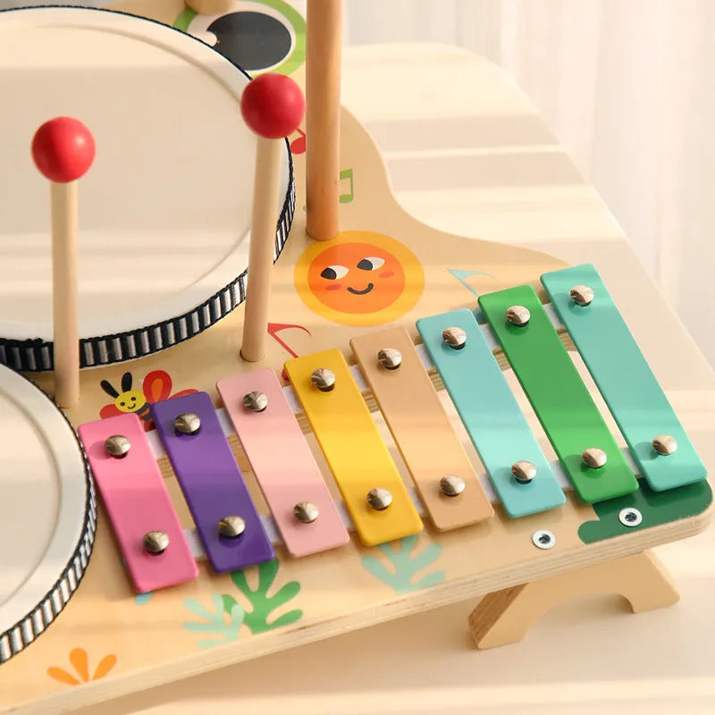 Wooden frog multifunctional drum kit early educational toy set, 33 x 30 x 23cm, in colour box