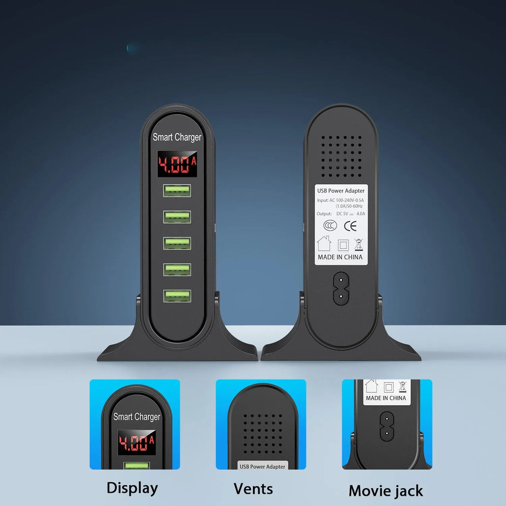 Black and white smart USB charger with LED digital display, showing EU, UK, and US plug variants.