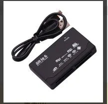 Black multi-function USB card reader, approx. 67 x 40 x 12mm, with USB cable and LED lights
