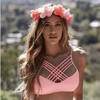 Cut out bikini set in pink or black with halter neck and cross detail, sizes S M L