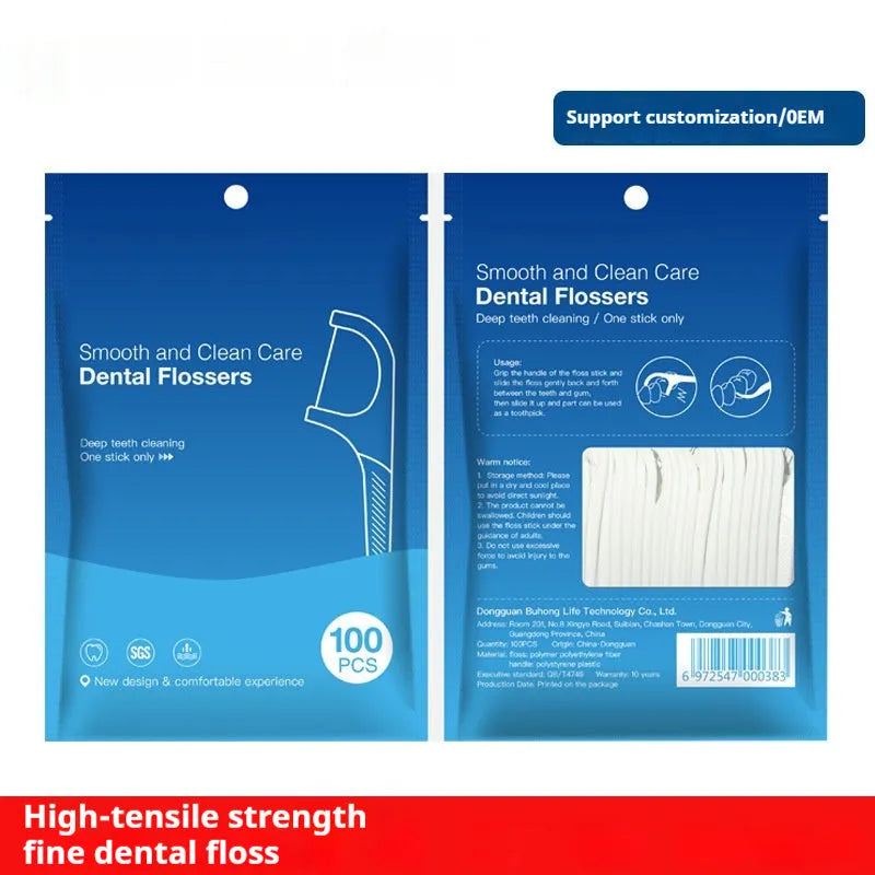 Portable dental floss in plastic packaging measuring 180x238mm with 100 or 108 piece options