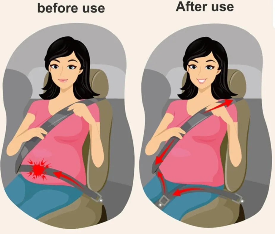 Black polyester pregnancy seat belt extender with double aircraft buckle installed on a car seat