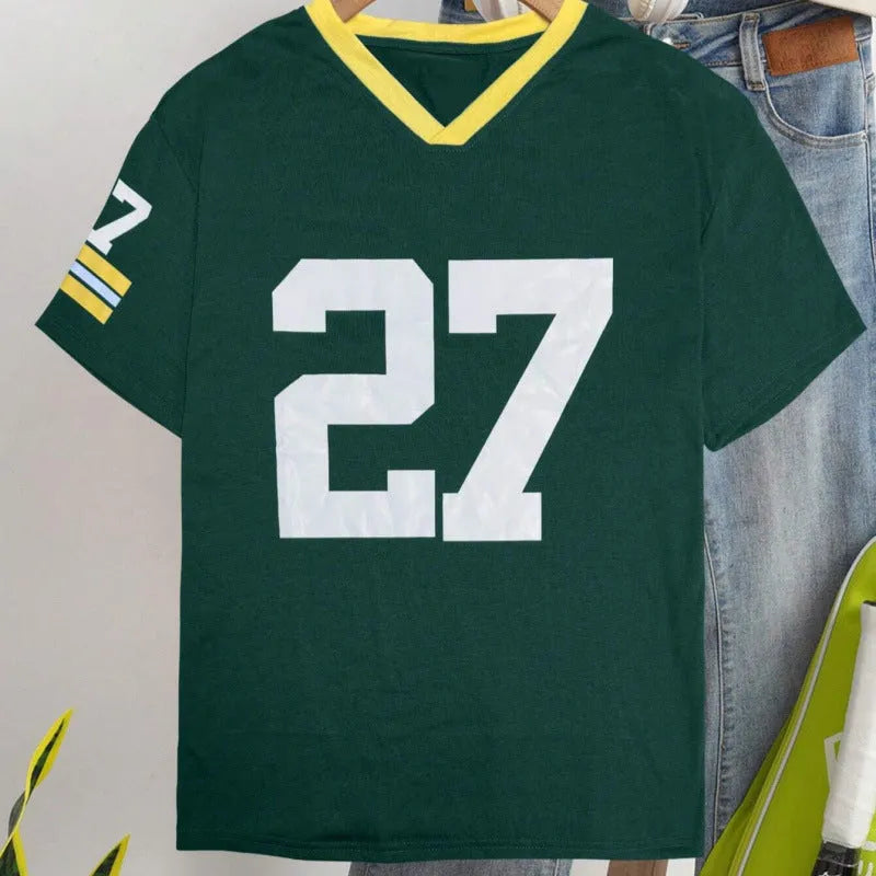 Red and green loose fit cotton T-shirt with digital printed letter pattern