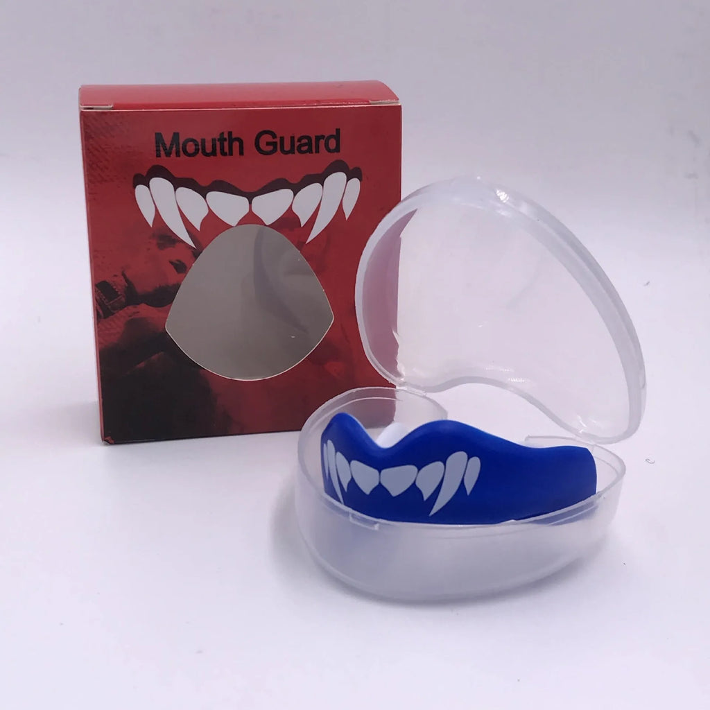 Adult boxing mouthguard with printed teeth design and elastic straps for martial arts protection