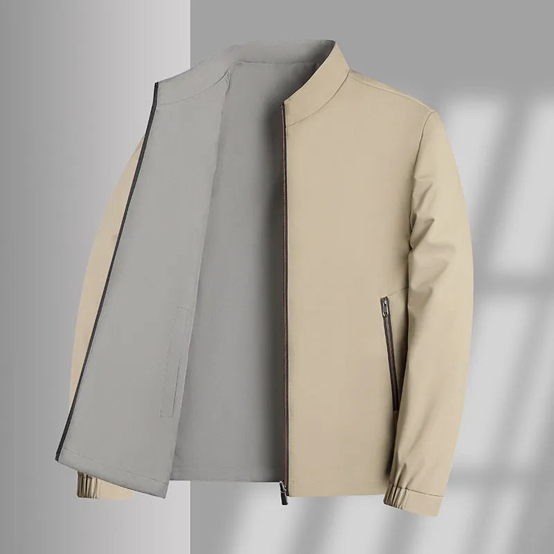 Men's double-sided stand collar casual loose windproof jacket in solid colour with size stick pocket