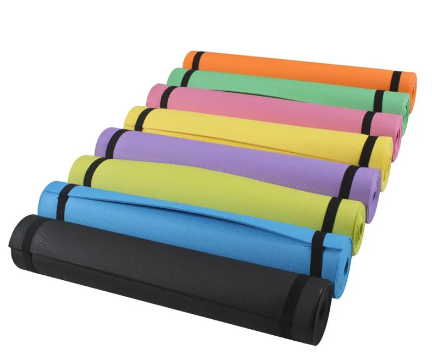 EVA yoga mat in one of six colours showing 4mm or 6mm thickness option on a floor