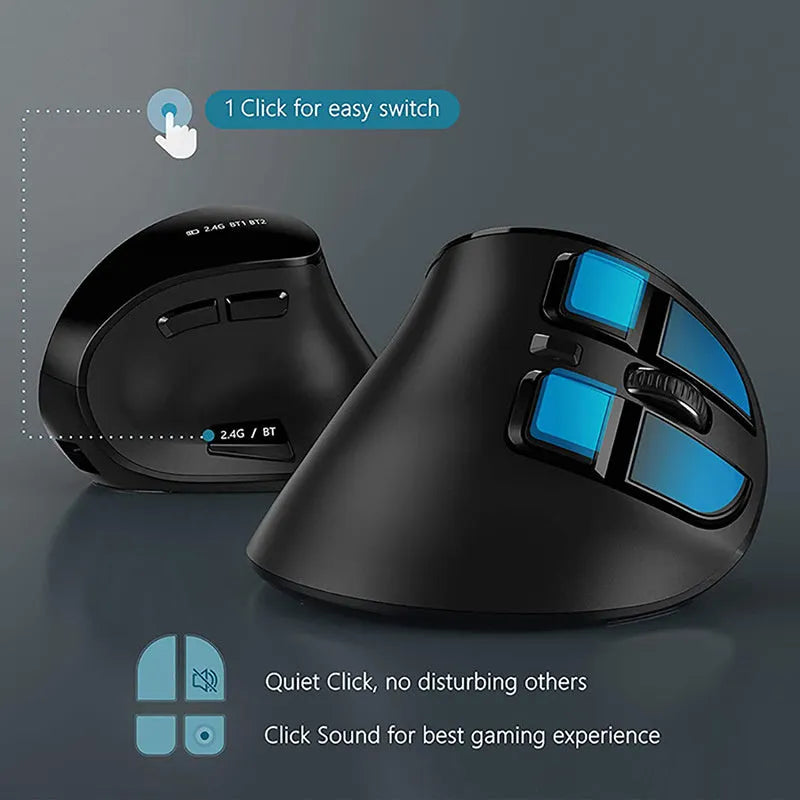 Wireless Bluetooth dual-mode rechargeable optical mouse in black, compact size 15x8x5cm