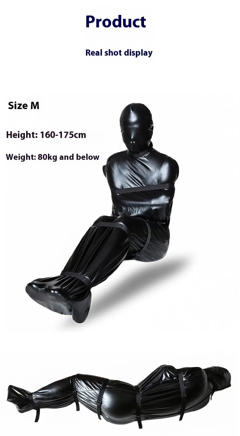 Black patent leather restraint set showing full body wrap harness and six ratchet tie down straps