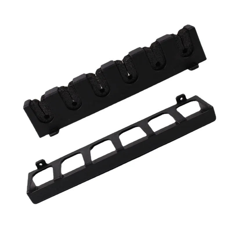 Black ABS plastic wall-mounted fishing rod holder with upright and horizontal storage options