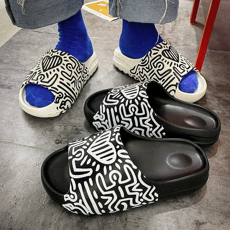 Men's graffiti platform sandals with injection moulded plastic sole in black