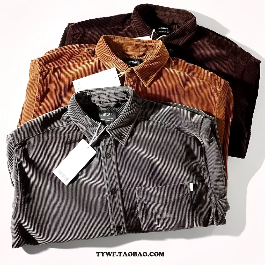 Loose fit Hong Kong style corduroy shirt in caramel colour with long sleeves and cardigan front