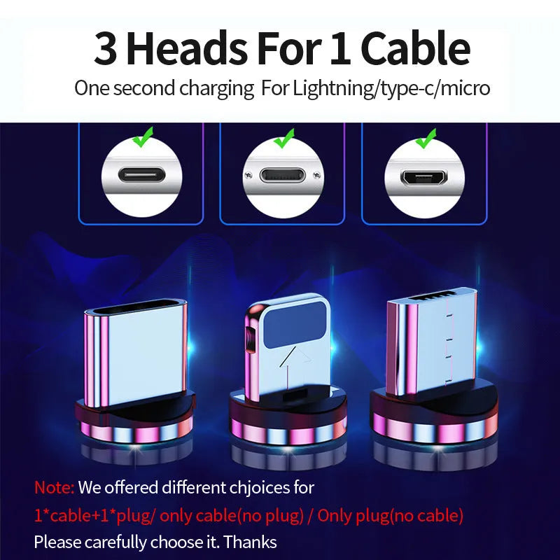 Black magnetic USB cable with detachable Android, Apple iPhone, and Type-C magnetic heads on a table.