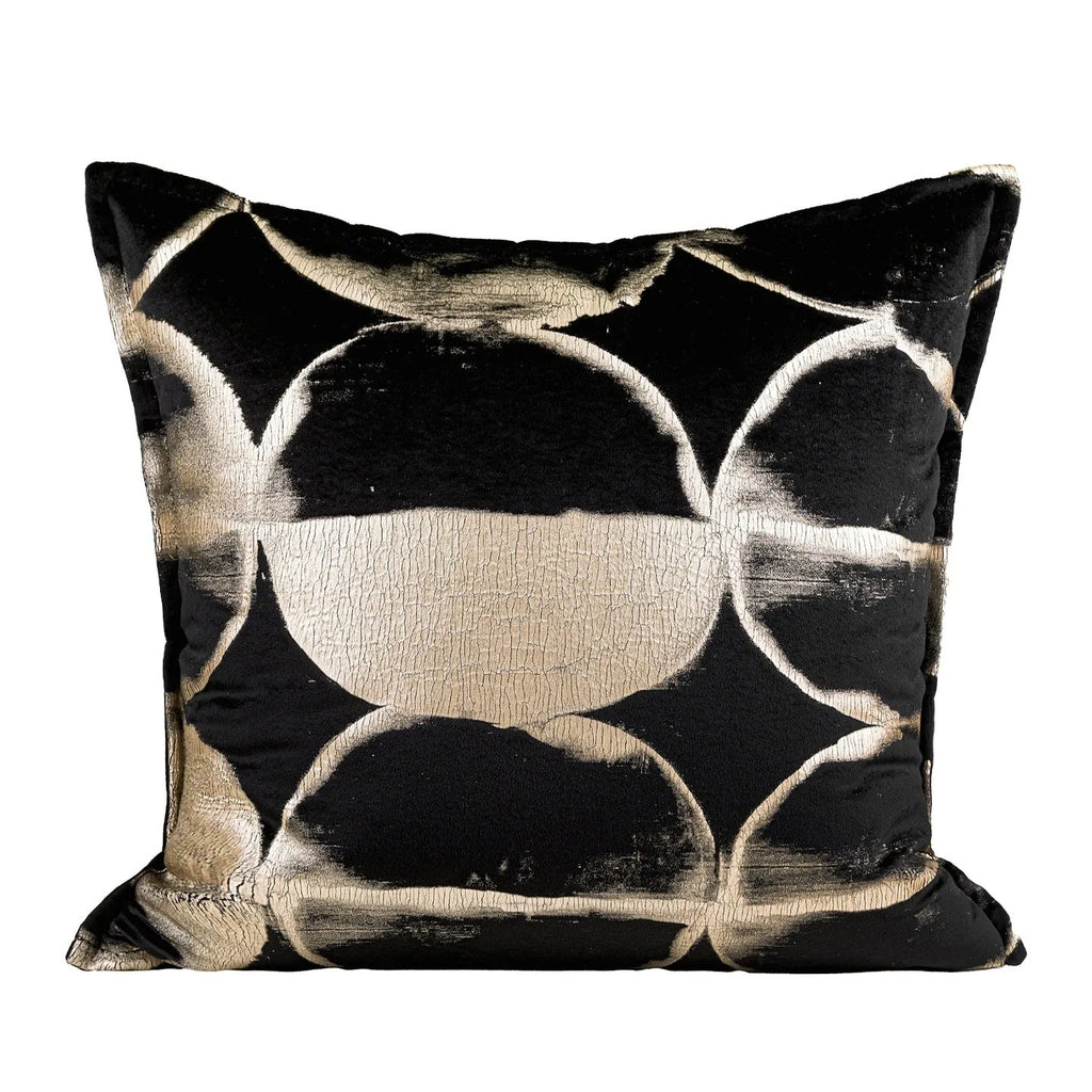 Abstract black and gold pattern decorative flannel cushion cover with zip, shown in three size options.