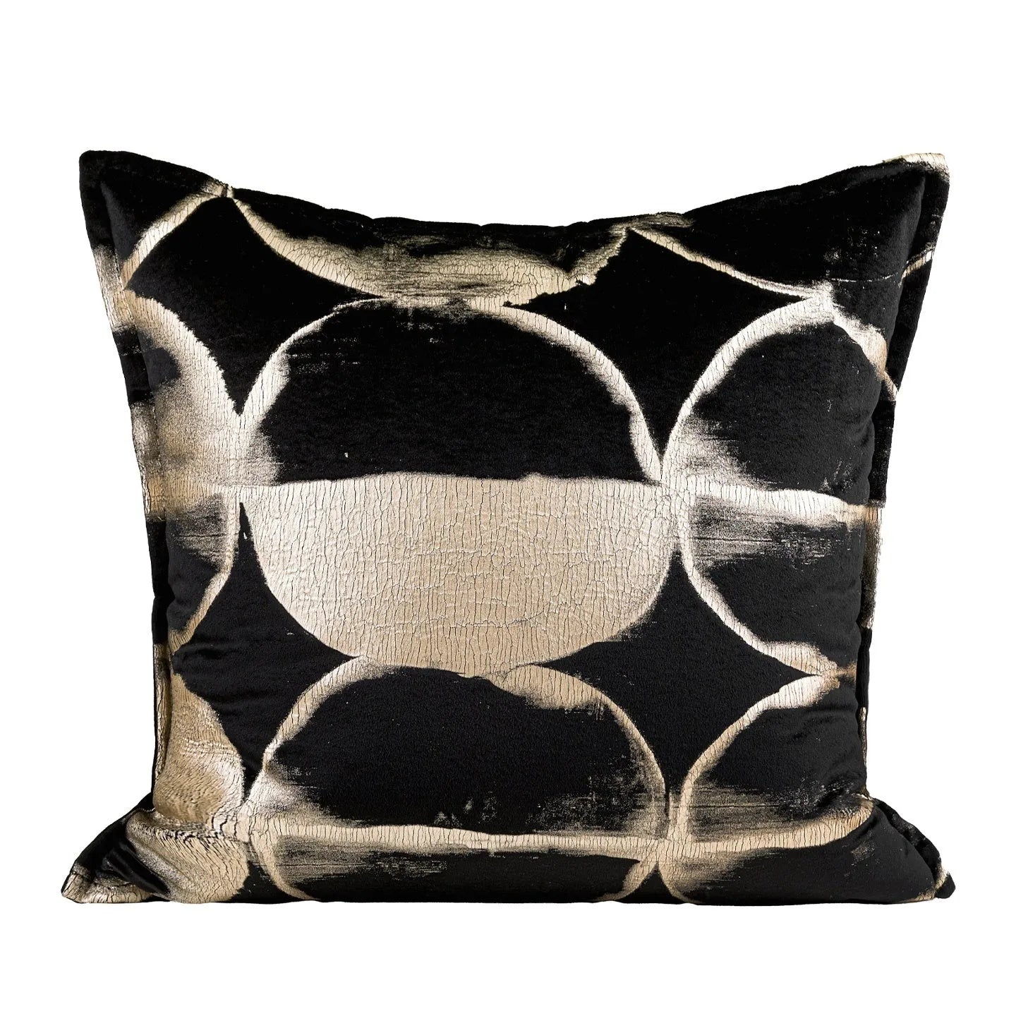 Abstract black and gold pattern decorative flannel cushion cover with zip, shown in three size options.