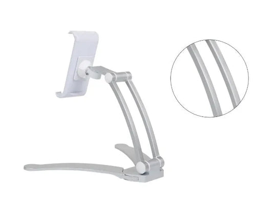 Silver aluminum alloy desktop stand holding a tablet at an angle, showing its adjustable clip and 360-degree rotation base.